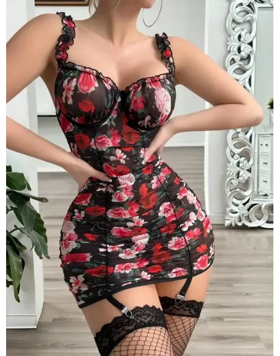 Midnight Rose Gül Desenli Gecelik – File Çorap Hediyeli - 3