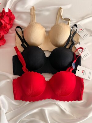 Dolgulu Destekli İz Yapmayan Kadın Sütyeni (Kırmızı/Siyah/Ten) - ÇeyizeDairHerşey