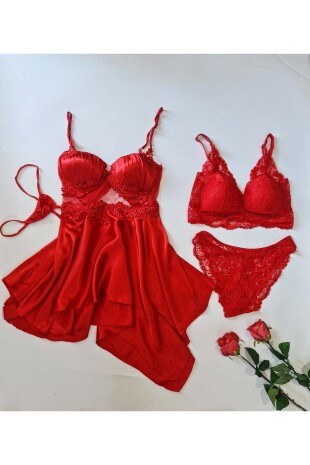 Passion red satin 4 lü gecelik seti 6602 - ÇeyizeDairHerşey (1)