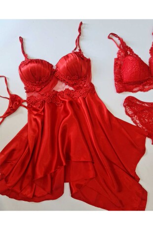 Passion red satin 4 lü gecelik seti 6602 - 3