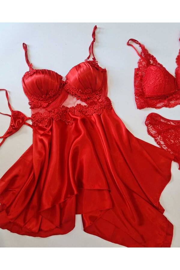 Passion red satin 4 lü gecelik seti 6602 - 3