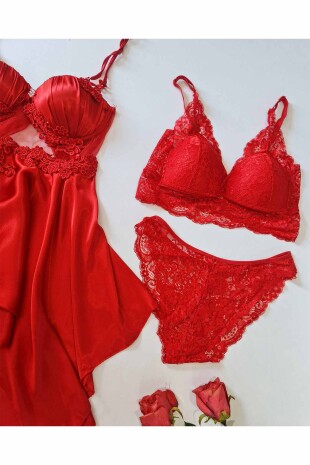 Passion red satin 4 lü gecelik seti 6602 - 4
