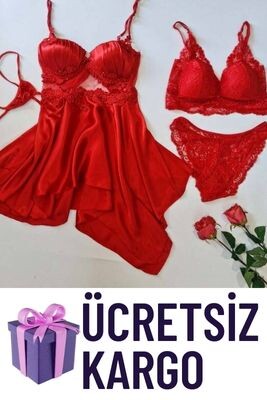 Passion red satin 4 lü gecelik seti 6602 - ÇeyizeDairHerşey