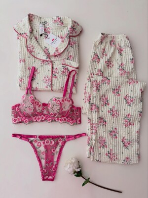Pink Flowers Set Önden Dügmeli Pijama Sütyen Kombin Bürümcük Kumaş 6882 - ÇeyizeDairHerşey
