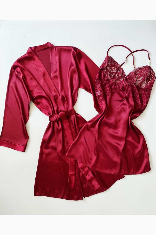 Bordo 6 lı sabahlıklı çeyizlik set 6114 - 3