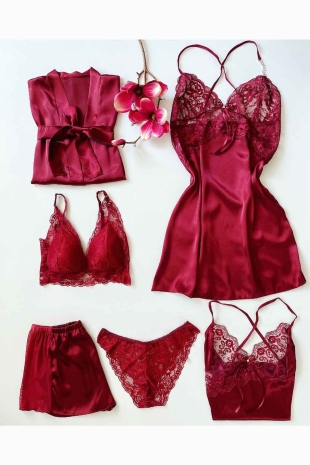 Bordo 6 lı sabahlıklı çeyizlik set 6114 - ÇeyizeDairHerşey (1)