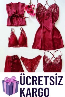 Bordo 6 lı sabahlıklı çeyizlik set 6114 - 1