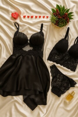 Satin Elegance Siyah 6’lı Dantel Gecelik & Pijama Seti 7026 - ÇeyizeDairHerşey (1)