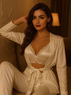 SÉVRA Dantel Detaylı Saten 3’lü Pijama Takımı - ÇeyizeDairHerşey