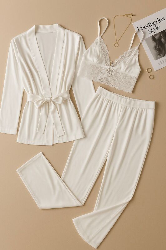 Seraphina Luxe Beyaz Sabahlıklı Saten Pijama Set 7017 - 1