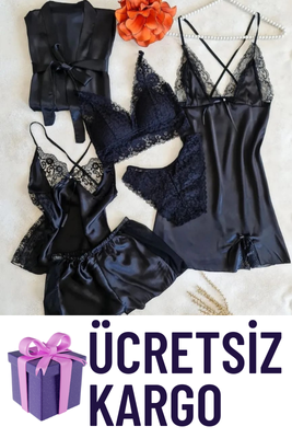Siyah 6 lı Sabahlıklı Soft Saten Çeyiz Seti 6502 - ÇeyizeDairHerşey