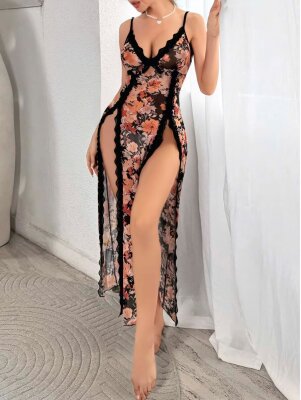  Siyah Gül Rüyası Iki Parça Askılı Uzun Seksi Gecelik Takımı 7073 - 1