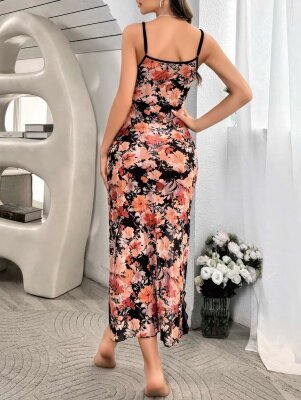  Siyah Gül Rüyası Iki Parça Askılı Uzun Seksi Gecelik Takımı 7073 - 2