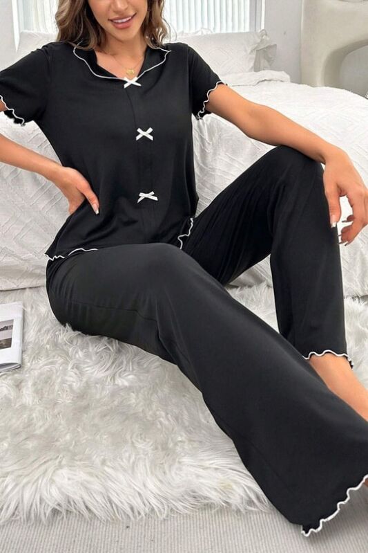 Siyah Kısa Kollu Fiyonk Detaylı Pamuklu Pijama Takımı 6929 - 3