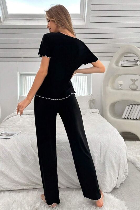 Siyah Kısa Kollu Fiyonk Detaylı Pamuklu Pijama Takımı 6929 - 6