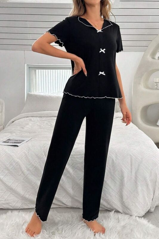Siyah Kısa Kollu Fiyonk Detaylı Pamuklu Pijama Takımı 6929 - 4