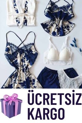 Lacivert Ipek Saten Kutulu 6 Li Çeyizlik Set 6021 - ÇeyizeDairHerşey