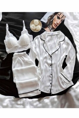 Sunshine Beyaz İpek Saten 3 lü Gömlek Pijama Seti 6735 - ÇeyizeDairHerşey (1)