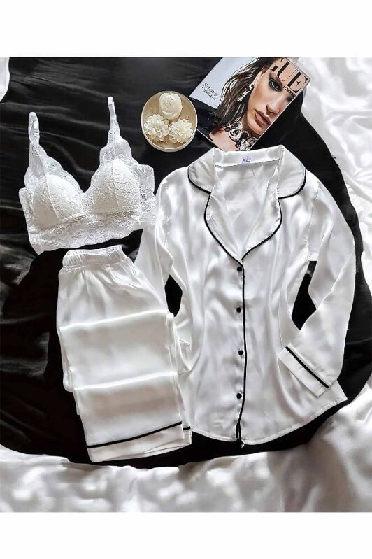 Sunshine Beyaz İpek Saten 3 lü Gömlek Pijama Seti 6735 - 2
