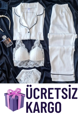 Sunshine Beyaz İpek Saten 3 lü Gömlek Pijama Seti 6735 - ÇeyizeDairHerşey