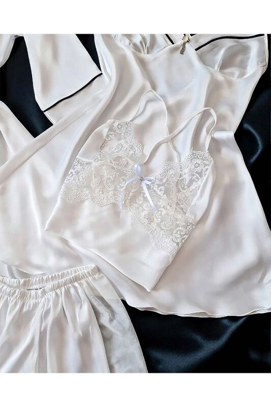 Sunshine Beyaz İpek Saten 6 lı Pijama Seti 6734 - 4