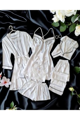 Sunshine Beyaz İpek Saten 6 lı Pijama Seti 6734 - ÇeyizeDairHerşey (1)