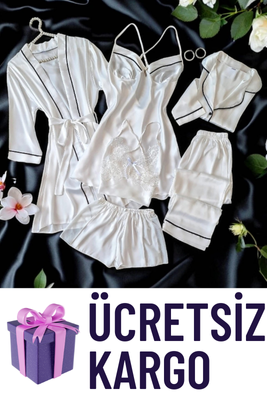 Sunshine Beyaz İpek Saten 6 lı Pijama Seti 6734 - ÇeyizeDairHerşey